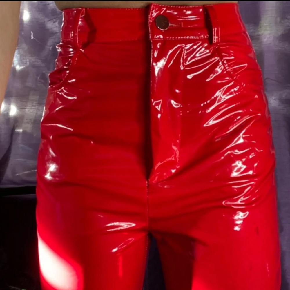 Red vinyl FashionNova pants